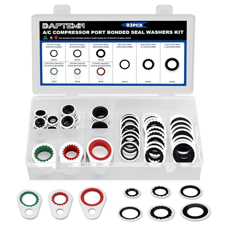 Daptemn 93PCS A/C Compressor Seal Washers Assortment Kit, 9 Sizes Air Conditioning System Compressor Port O-Rings, Replace Universal Automotive Self-Centered Bonded Sealing Washers (ID: 8mm-17.5mm) - Image 1